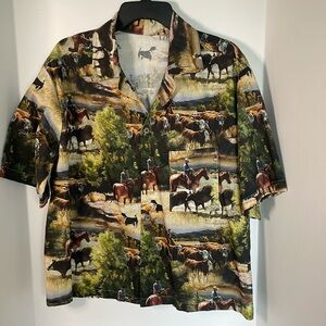 Cowboys on cattle drive  button down cotton handmade shirt Men’s Size L/XL
